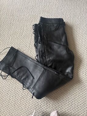 Men's Black Lace-Up Wide Leg Leather Pants